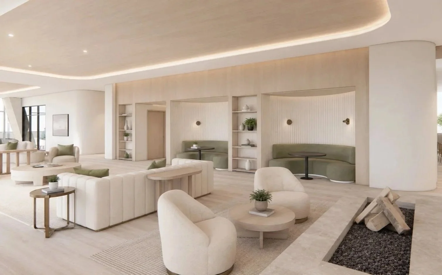 Modern, minimalist lounge with white and green seating, small tables, decorative plants, books, and a built-in fireplace with logs and rocks.