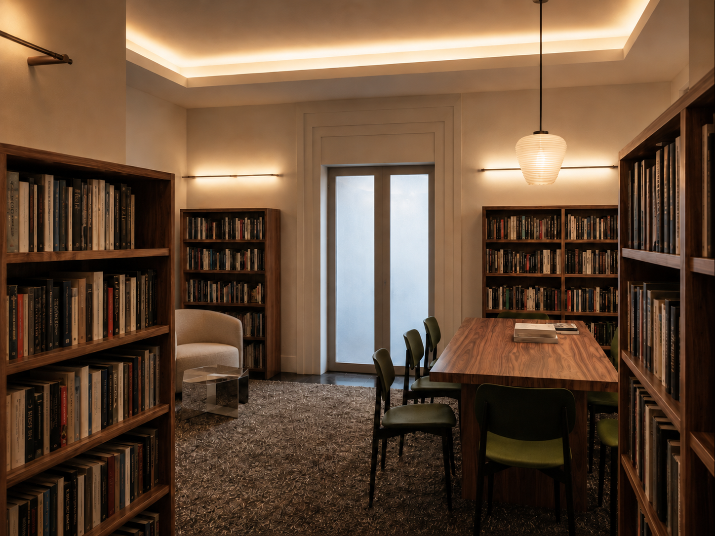A cozy library room with wooden bookshelves, a rectangular wooden table with green chairs, a white armchair, a small glass side table, and a frosted glass door, illuminated by soft lighting.