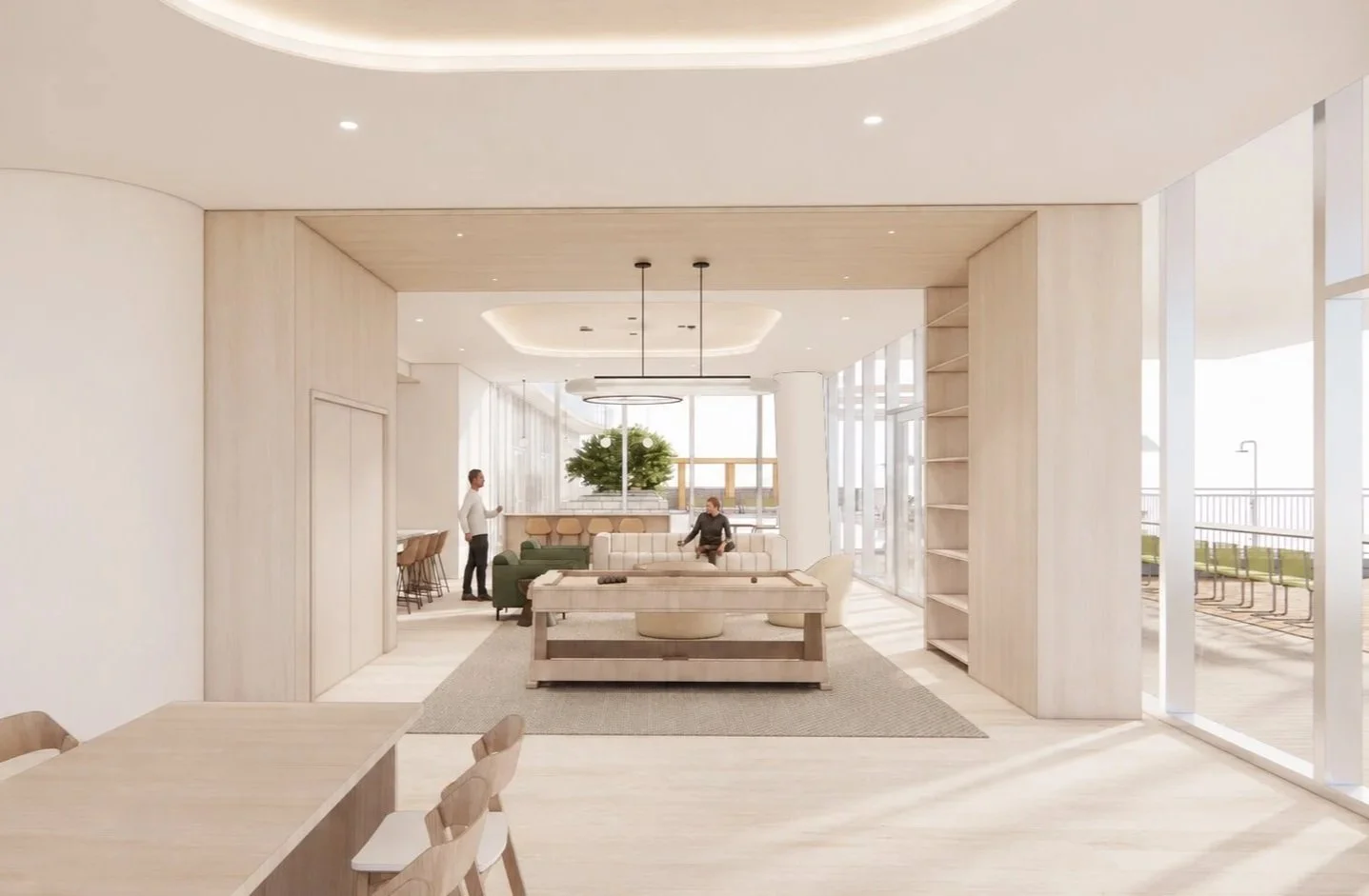 Modern, airy hotel lounge with large windows, minimalist furniture, a seating area with sofas, and a dining table with chairs, overlooking an outdoor balcony with seating.