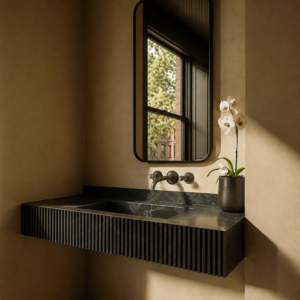 A modern bathroom sink with a black marble countertop, a wall-mounted faucet, a tall mirror, a window showing a tree and building outside, and a potted white orchid on the right side.