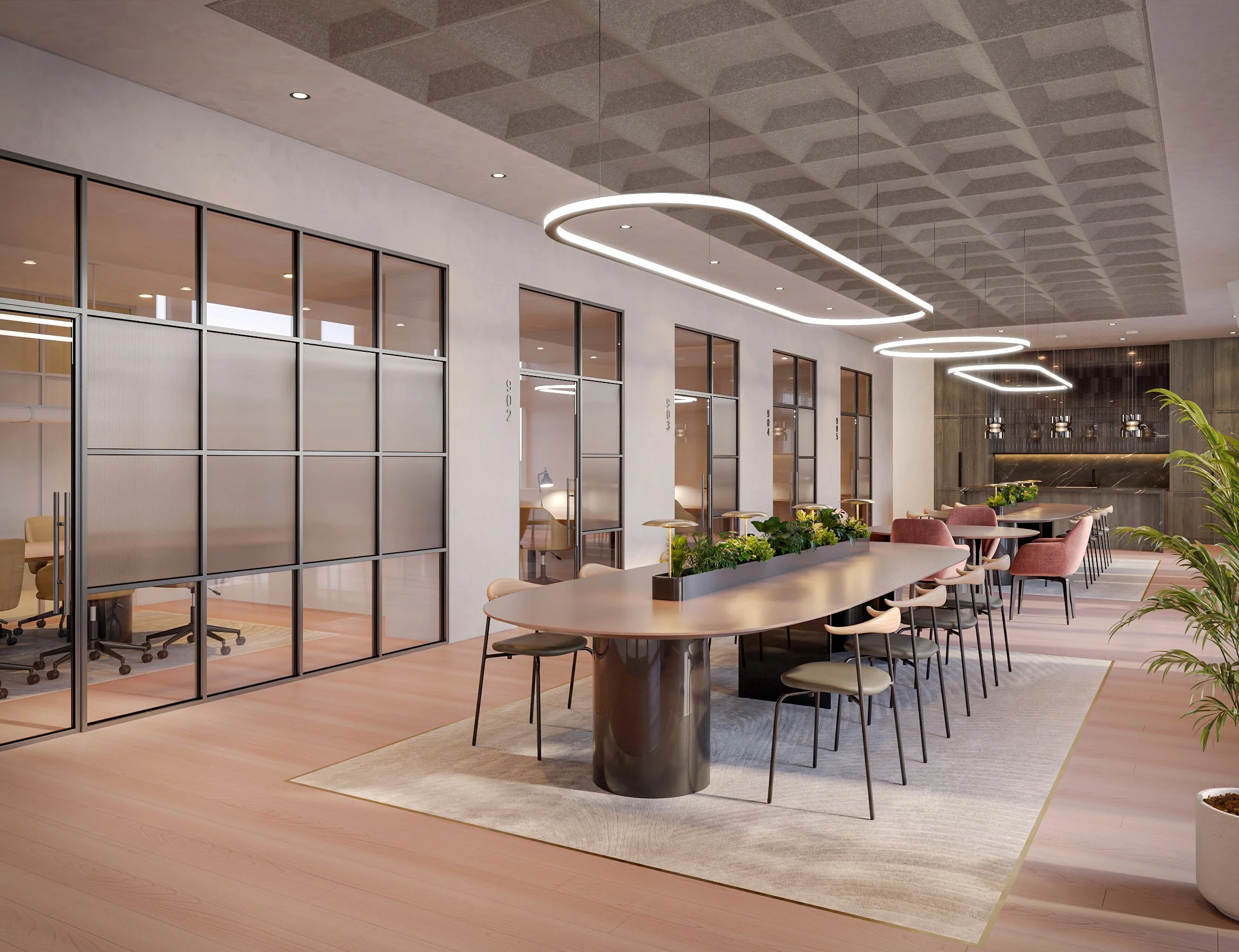 Modern interior with a large oval dining table, pink chairs, and plants, separated by a glass partition, with geometric ceiling lights.