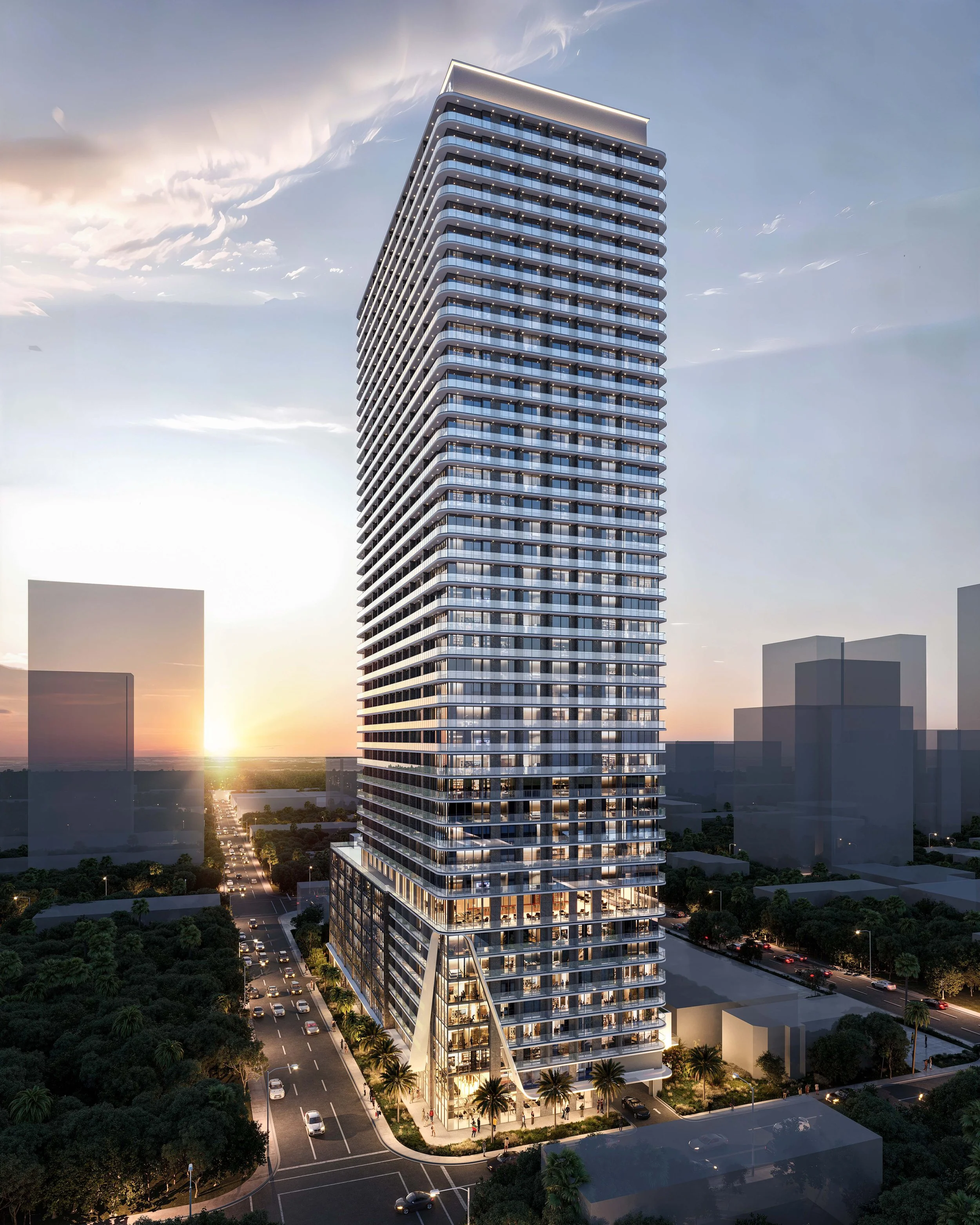 A modern high-rise building with curved balconies illuminated by lights, with the sunset in the background, situated in an urban area with trees and streets filled with cars.
