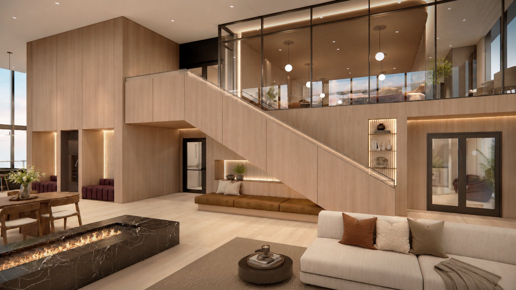 Spacious modern living room with a double-height ceiling, wooden wall accents, a white sofa with pillows, a round coffee table, a built-in bench with cushions, a marble fireplace, a dining area with a wooden table and chairs, and a staircase with glass railings leading to an upstairs area.