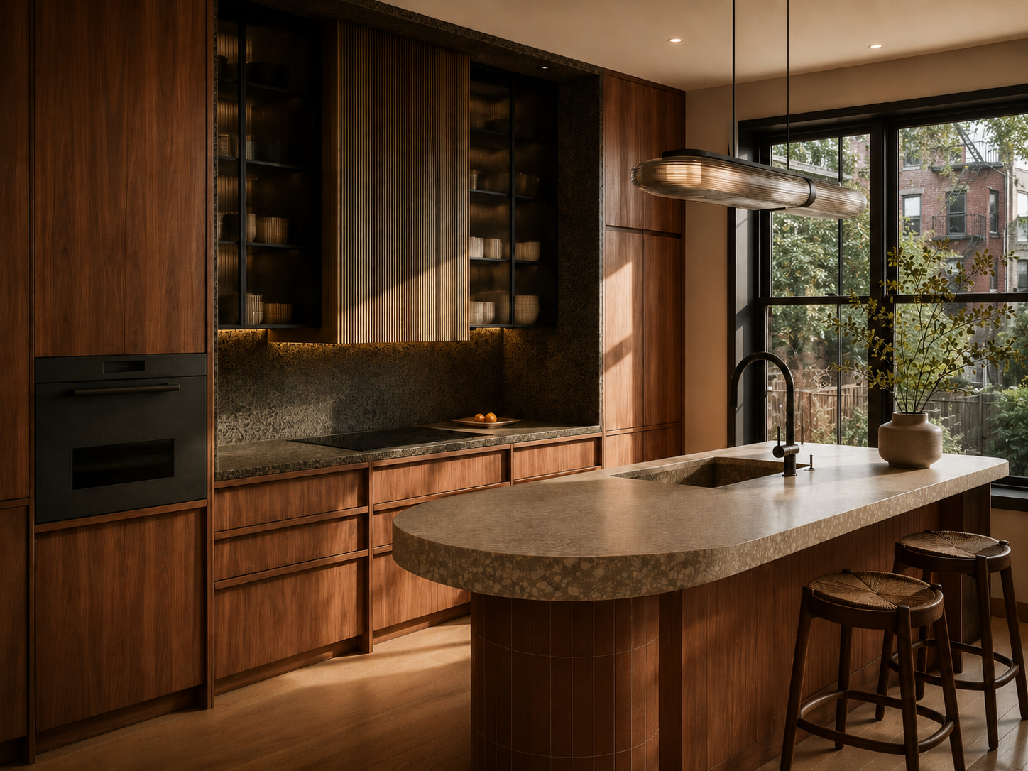 Modern kitchen with wooden cabinets, a curved island with a speckled stone countertop, black sink and faucet, large window with city view, and a hanging light fixture.
