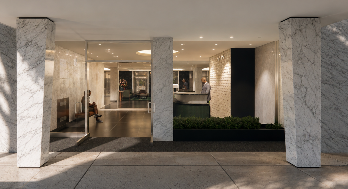 Lobby area with marble columns, reception desk, and seating; modern design with a reception clerk and visitor.
