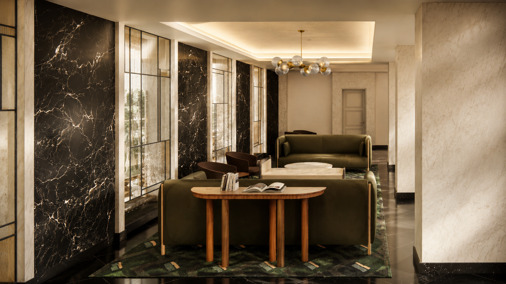 Modern hotel lobby with black marble walls, beige stone walls, green velvet sofas, a wooden side table with books and magazines, a marble coffee table, and a geometric chandelier.