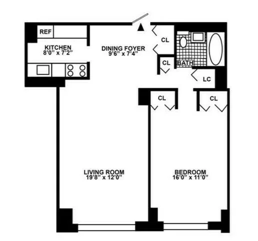 Floor plan of a one-bedroom apartment showing a kitchen, dining foyer, living room, bedroom, bathroom, and closets.
