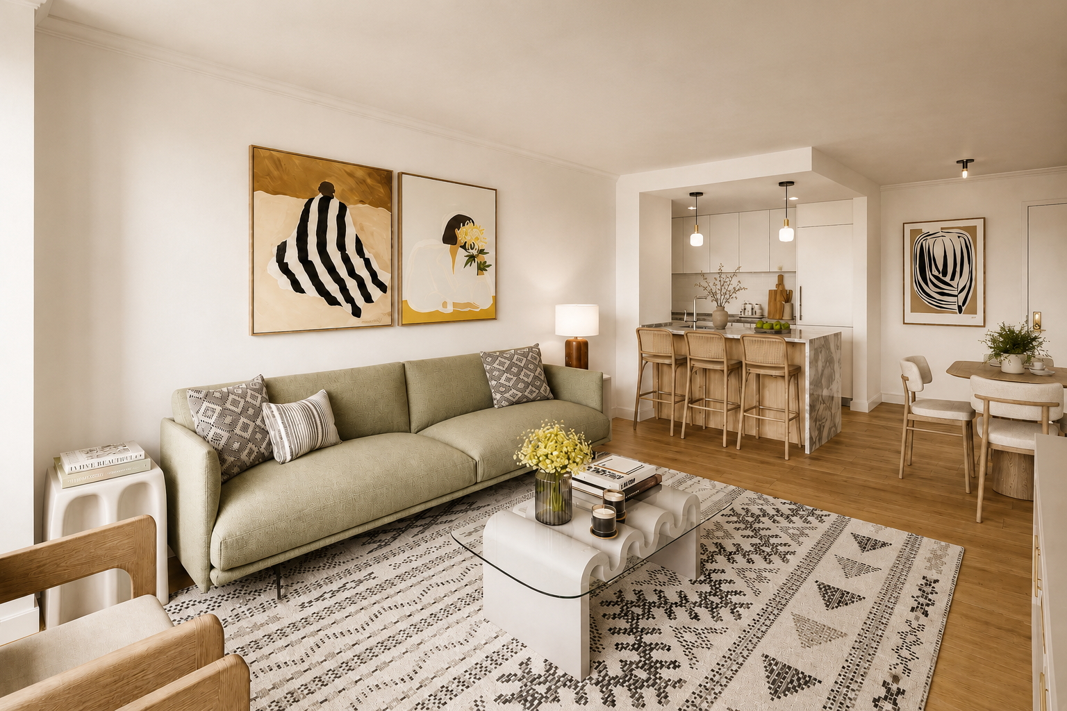 Living room with a green sofa, patterned pillows, a white coffee table with a yellow flower vase and candles, art on the wall, a lamp, and an open kitchen with a marble island and barstools.