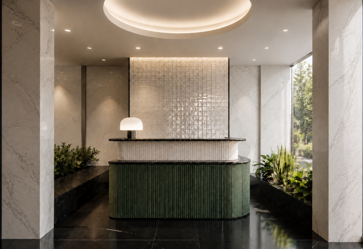 Modern hotel reception desk with black and white marble, green textured front panel, white walls, marble flooring, tall green plants, and large window with view of trees.
