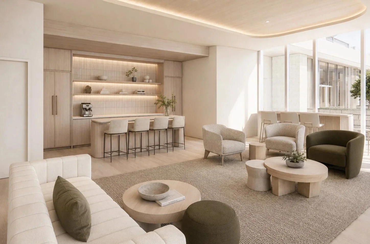 Bright, modern living room and bar area with neutral tones, plush seating, wooden tables, and large windows allowing natural light.