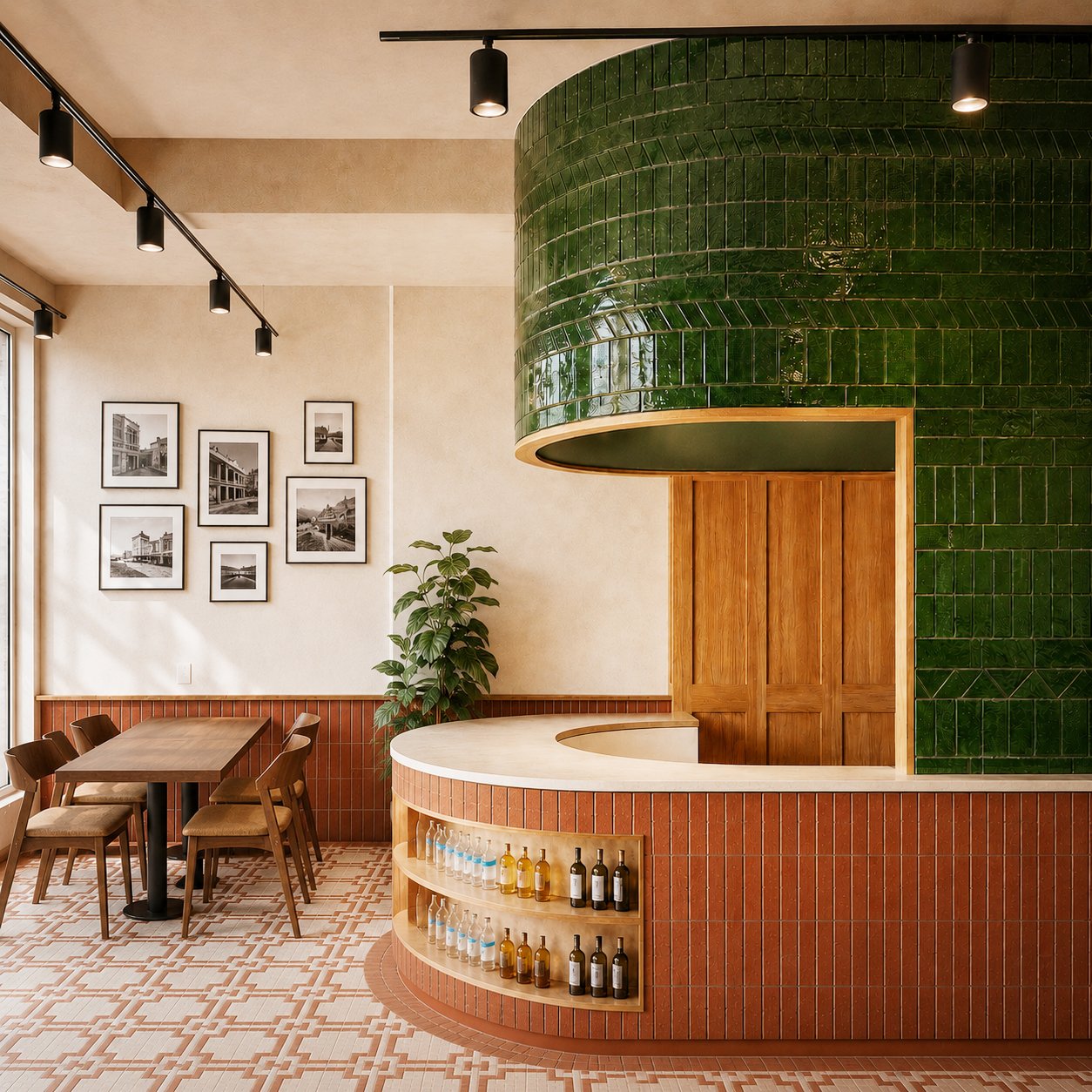 Interior of a modern restaurant with a curved bar counter covered in green tiles, a wooden panel behind it, and a shelving unit displaying wine bottles. To the left, there's a dining area with a table and chairs, a wall decorated with black-and-white framed photographs, and a potted plant. Track lighting illuminates the space.