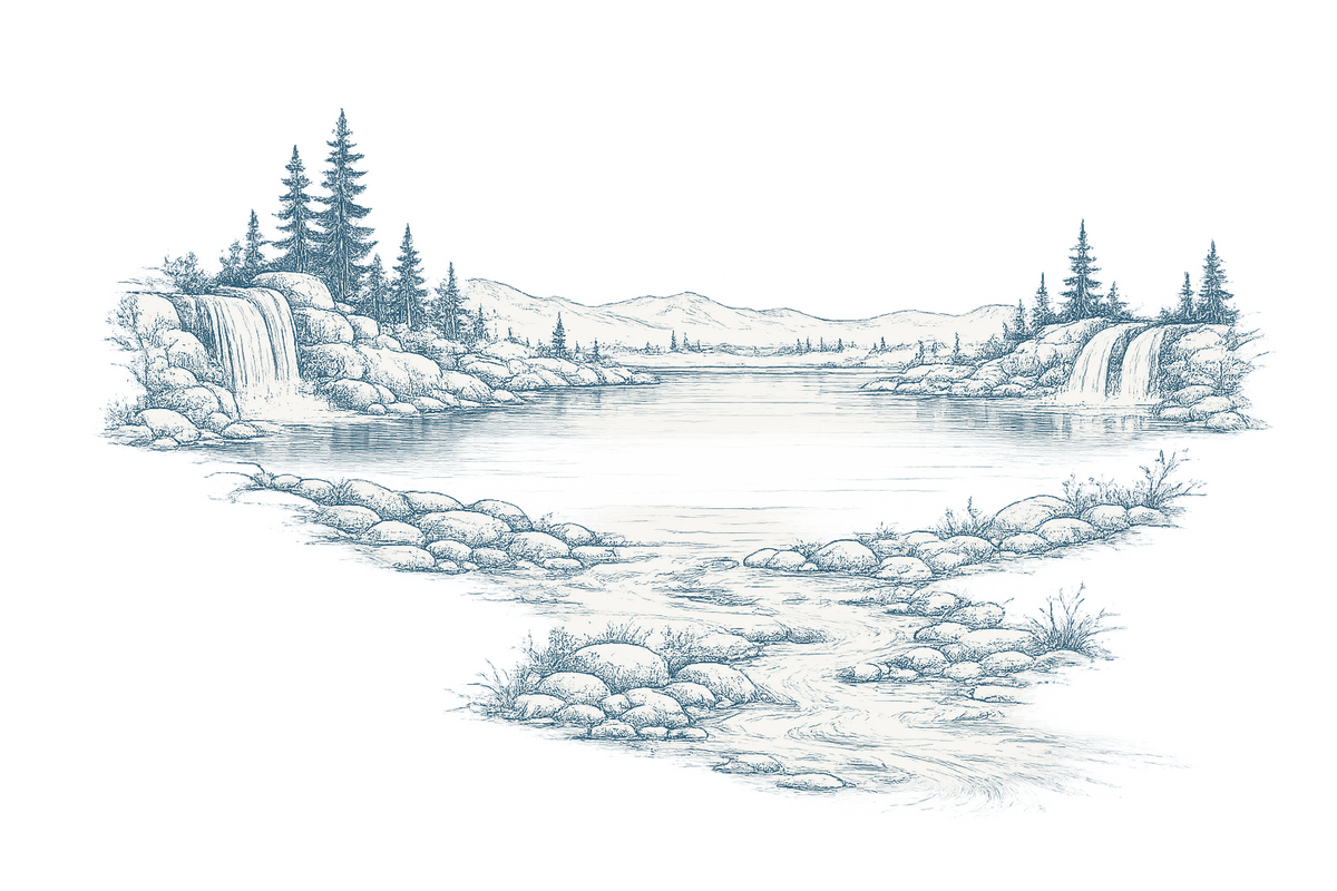 Hand-drawn Resilience Reservoir with calm water and a flowing stream, representing resilience resources for individuals and organizations.