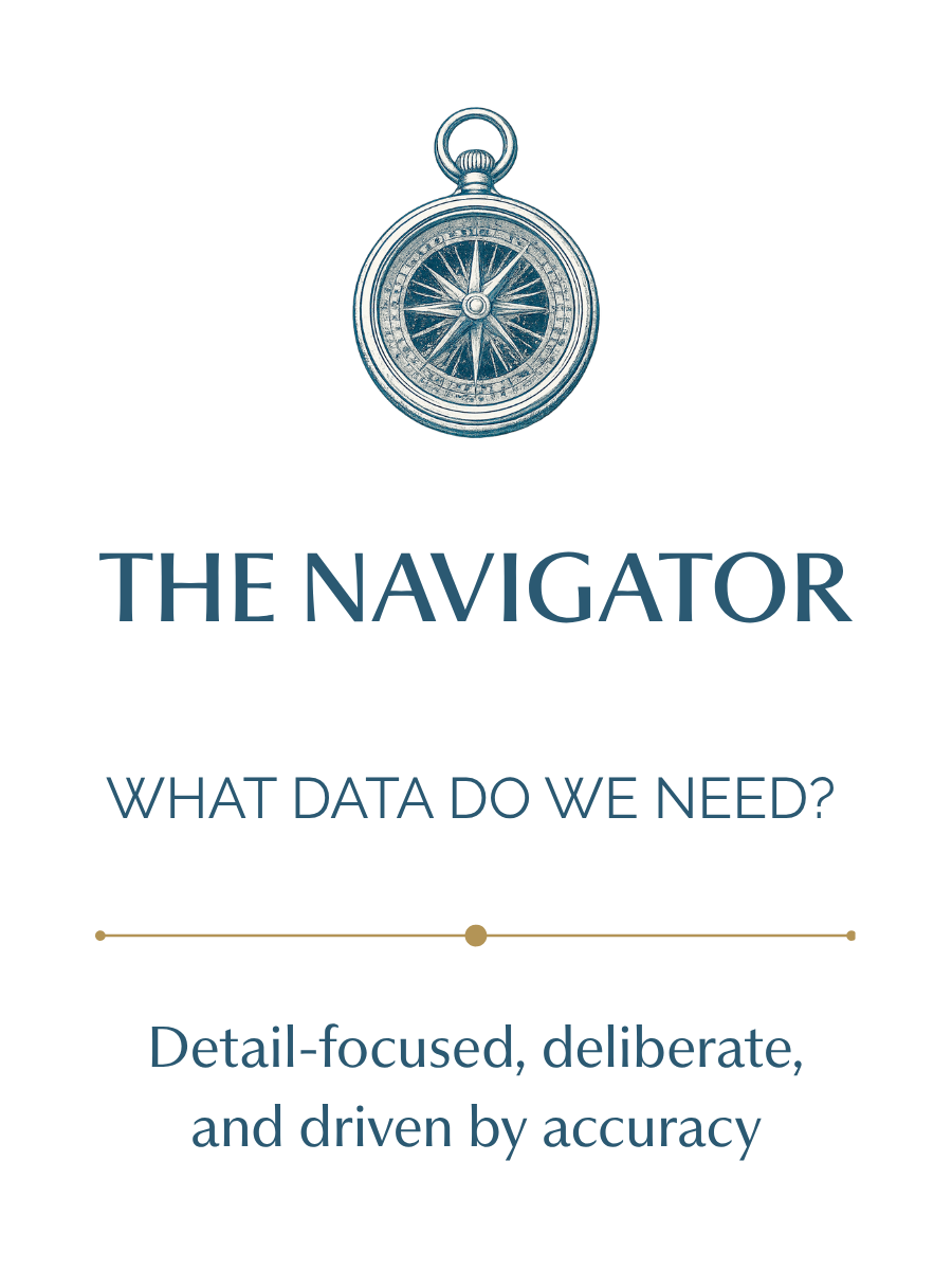 The Navigator workplace personality style in The Four Coordinates, representing detail, accuracy, data, and structured decision-making in team communication.