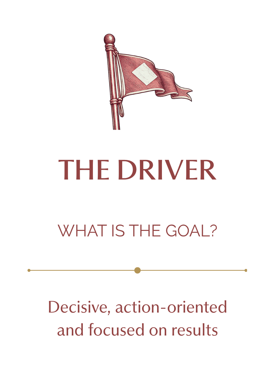 The Driver workplace personality style in The Four Coordinates, representing decisive action, results, speed, and goal-focused team communication.
