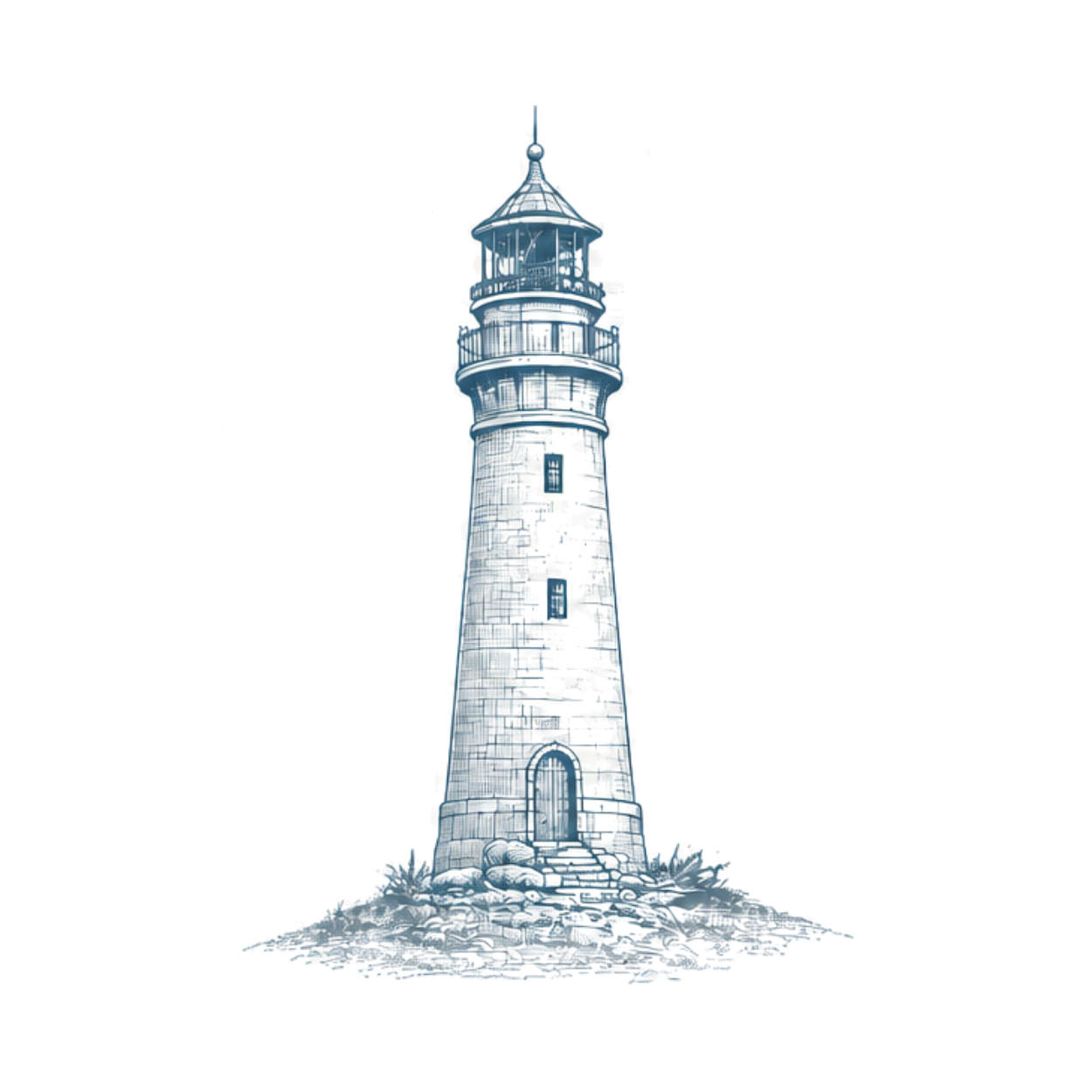 Hand-drawn lighthouse with a wooden door and steps, representing individual coaching, guidance and clearer direction.