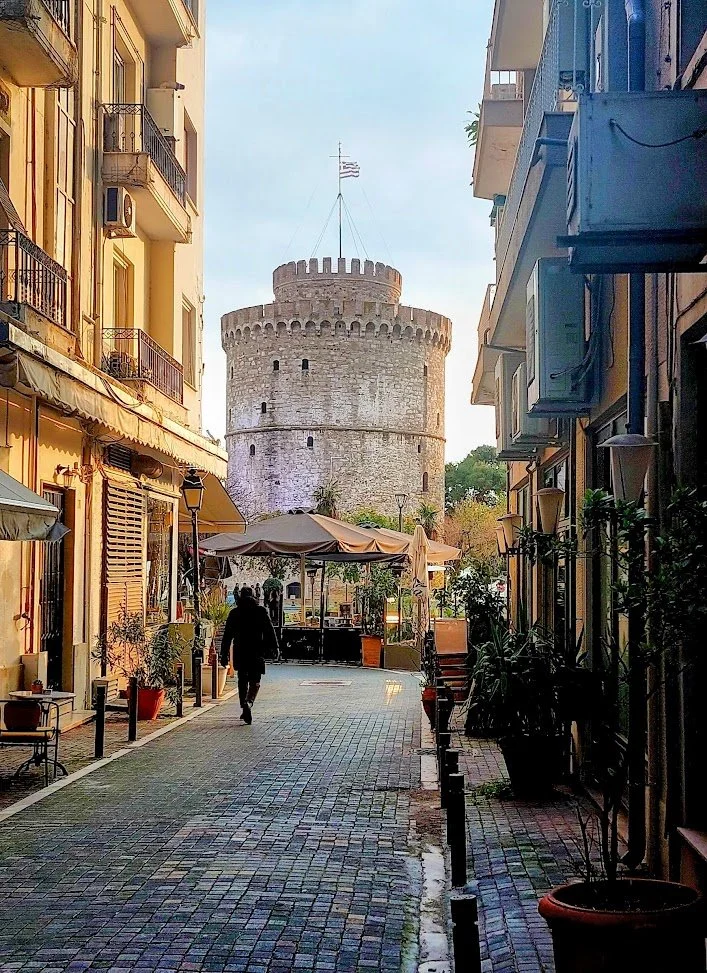 View of the White Tower from a side street near The Hoppy Pub, Thessaloniki.