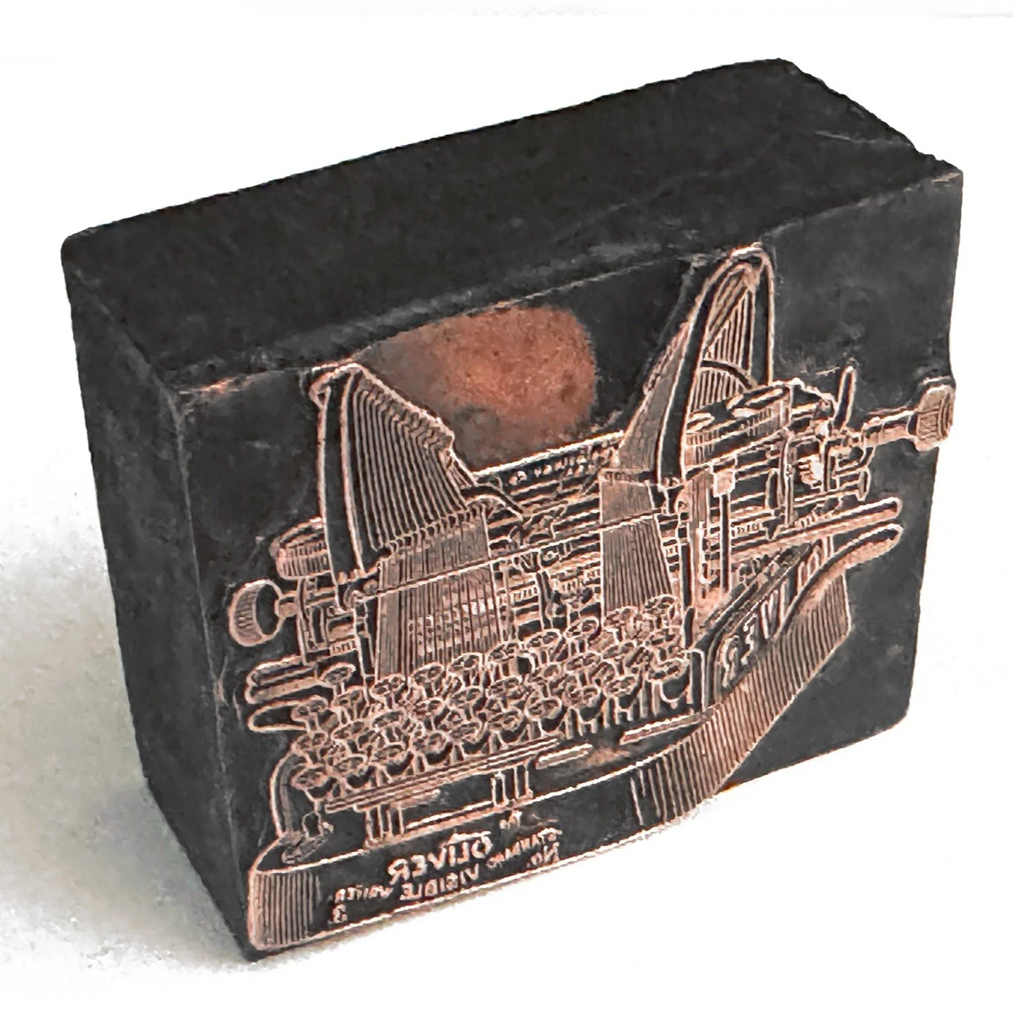 This printing block depicting an Oliver No. 3 was manufactured by the A. N. Kellogg Newspaper Co. of Chicago.