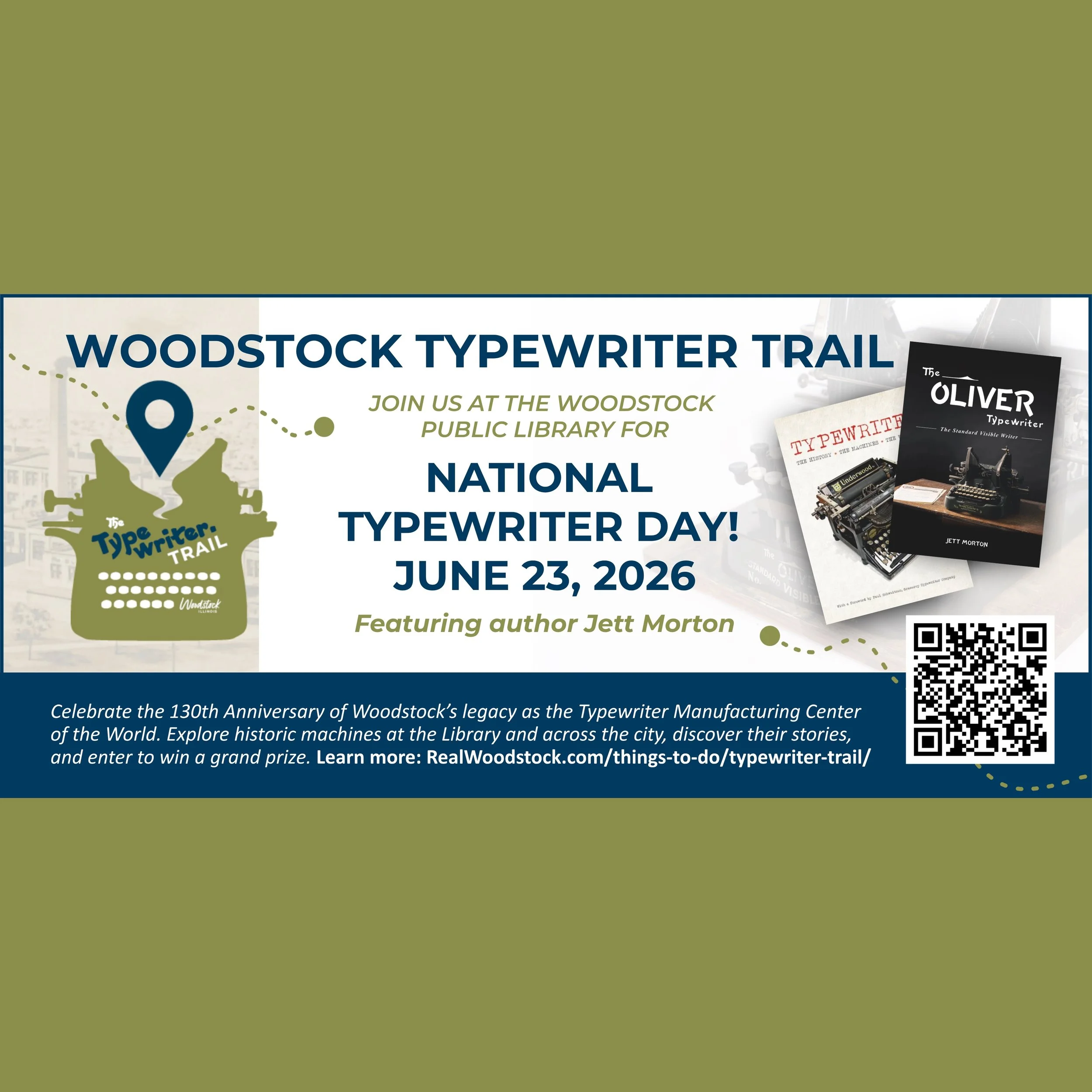 I&rsquo;m excited to announce that I&rsquo;ll be heading to Woodstock, Illinois for National Typewriter Day on June 23 to help celebrate the 130th anniversary of Woodstock&rsquo;s typewriter manufacturing legacy! The Woodstock Typewriter Trail will f