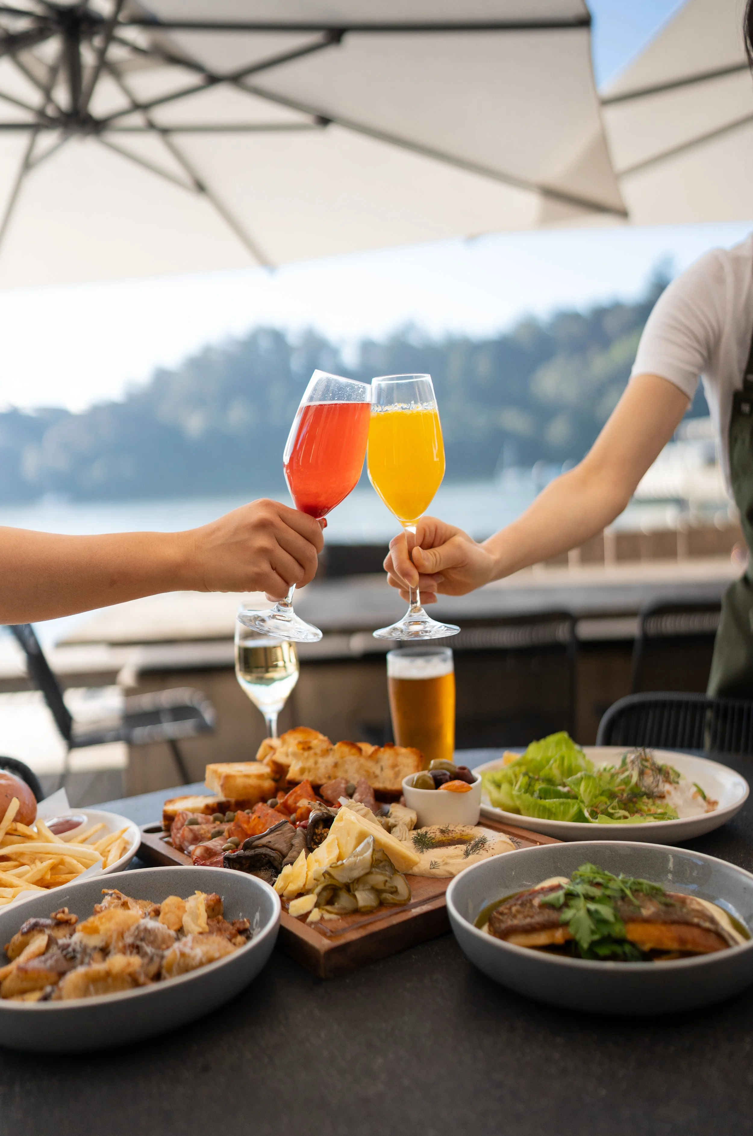 People clinking glasses with beverages at a table with various dishes, outdoors near water with umbrellas.