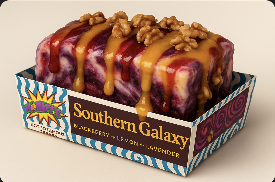 A bar of soap shaped like a galaxy with blueberry, lemon, and lavender scents in a decorative box.