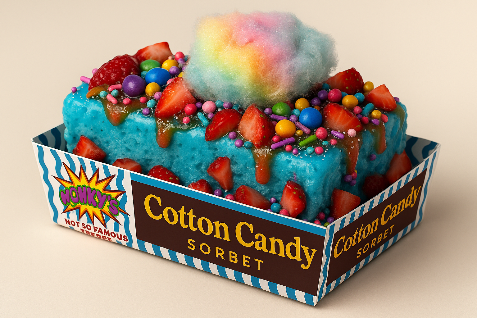 A colorful cotton candy dessert in a striped carton box with strawberries, rainbow sprinkles, rainbow cotton candy on top, and caramel drizzle.