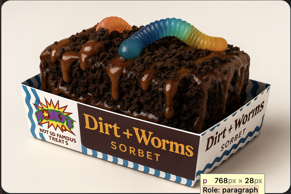 A novelty chocolate dessert cake resembling a dirt and worms theme, topped with gummy worms and chocolate drizzle, inside a box labeled "Dirt + Worms Sorbet" by Hucky's.