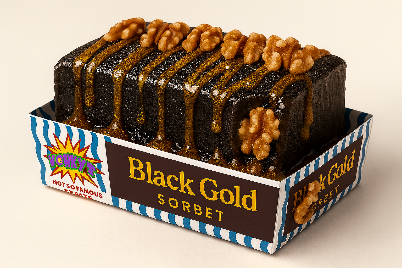 A rectangular Black Gold sorbet dessert in a branded box, topped with caramel sauce and walnut pieces.