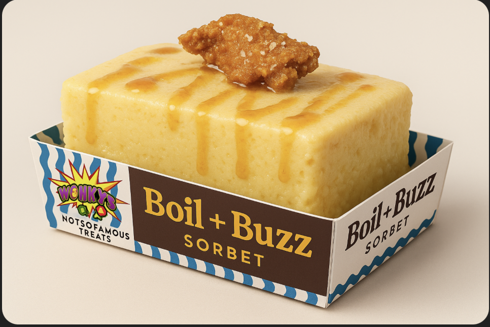 A rectangular yellow ice cream bar with caramel drizzle and a piece of fried chicken on top, served in a branded paper tray.