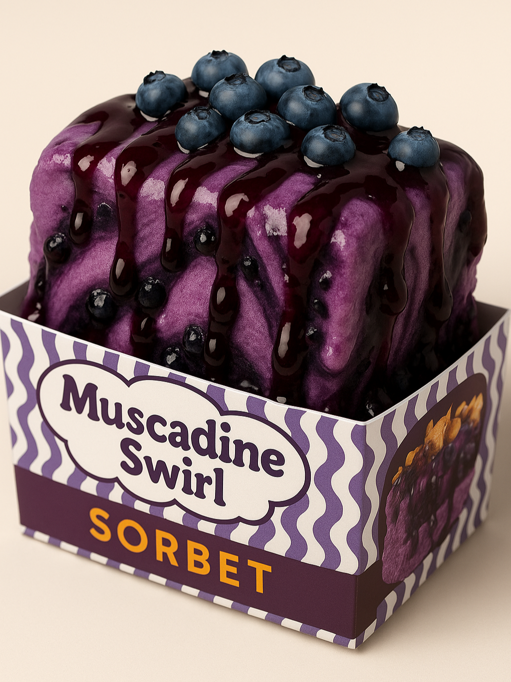 A purple ice cream cake decorated with blueberries and purple berry-flavored glaze, in a purple and white gingham box labeled "Muscadine Swirl Sorbet."