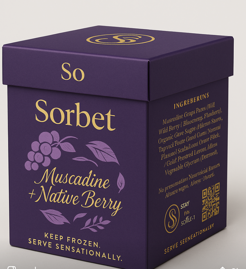 A purple box of sorbet flavored with muscadine and native berries, with gold and purple text and graphics, including a QR code.