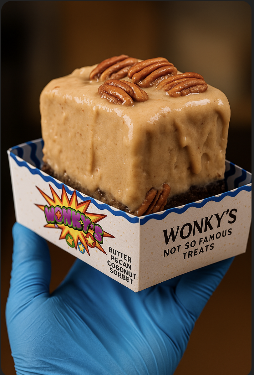 A square piece of ice cream cake with caramel-colored frosting and pecans on top, held in a blue-gloved hand inside a branded box.