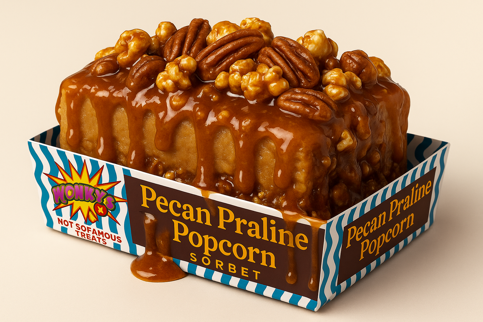 A caramel popcorn treat topped with pecans inside a colorful box labeled 'Pecan Praline Popcorn' by WOWKY'S, with caramel sauce dripping down the sides.