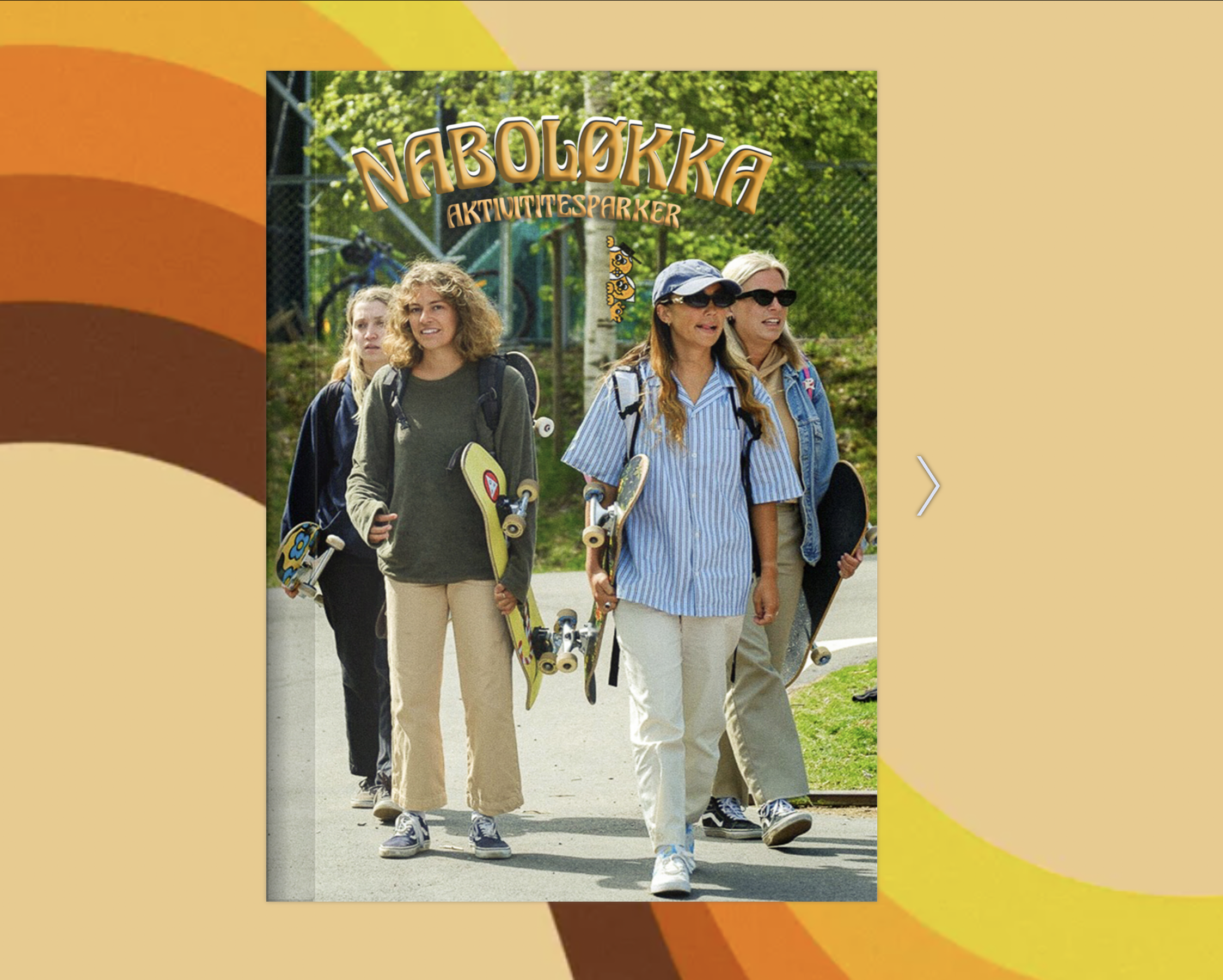 Poster for Nabokka Activity Park featuring four women walking outdoors with skateboards, carrying backpacks, and wearing casual clothing and sunglasses.