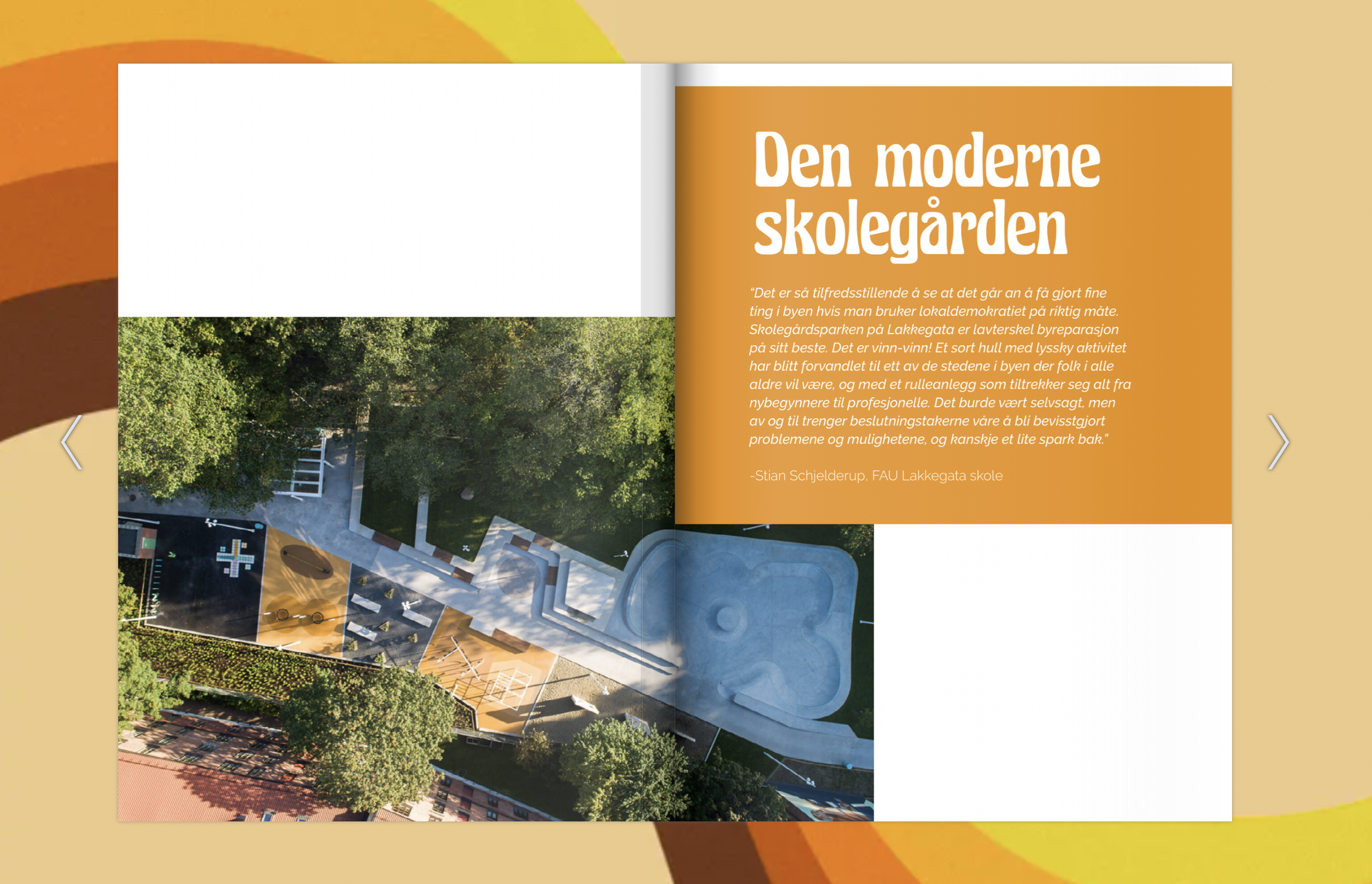 Aerial view of a modern schoolyard surrounded by green trees, with a playground, sports court, and seating areas, depicted in a brochure with the title 'Den moderne skolegården' and a quote in Norwegian.