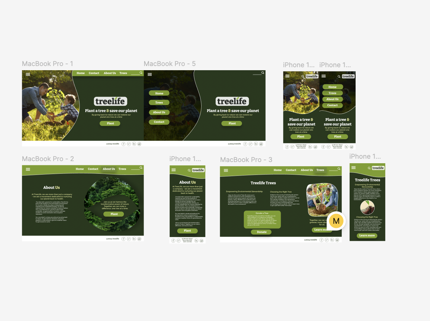 A series of website design mockups for a green-themed environmental organization called treelife, showcasing different layouts on MacBook Pro and iPhone screens with images of people planting trees and information about planting and preserving trees.
