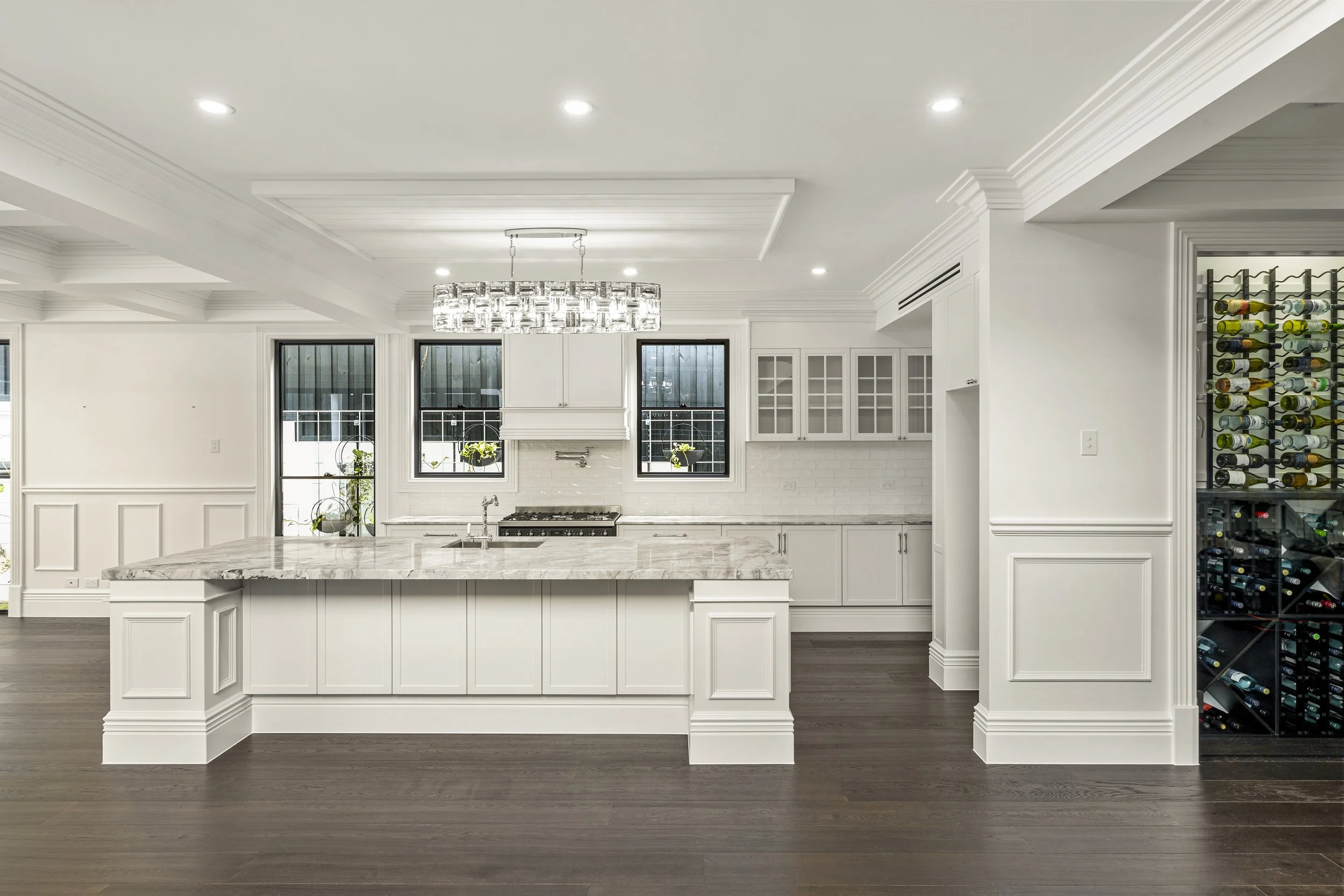 Luxury kitchen based on the popular Hampton style with high end luxury stone benchtops and tapware. 