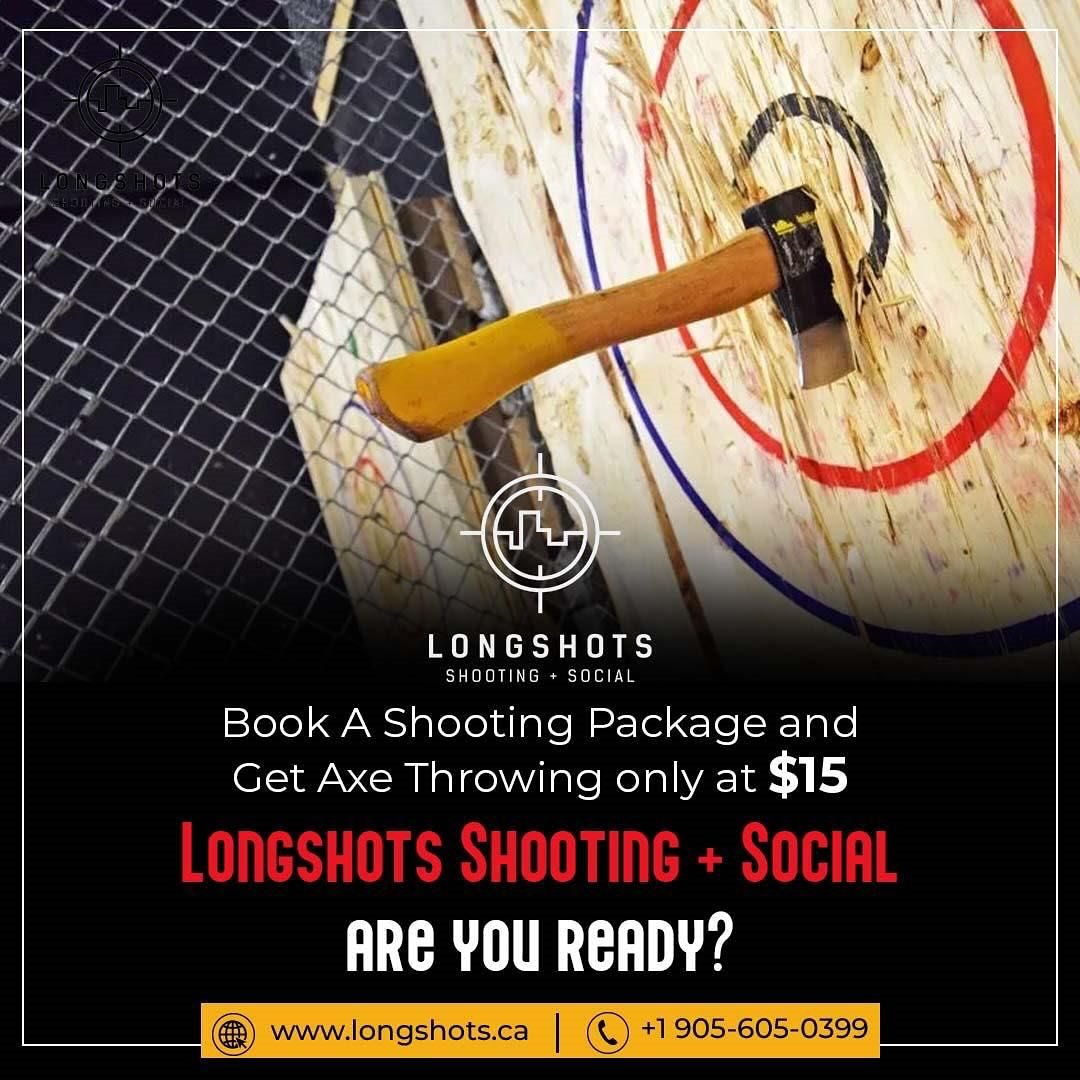 Get ready for the ultimate thrill experience!

When you book any shooting package at Longshots Shooting + Social, you&rsquo;ll get access to our adrenaline-pumping axe-throwing range at only $15.

Start by hitting the bullseye on the shooting range, 