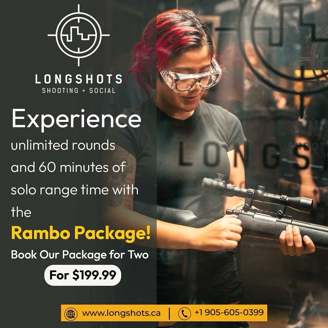 Get ready to channel your inner warrior with the ultimate shooting experience&mdash;our Rambo Package!

For only $199.99, enjoy 60 action-packed minutes of range time for 2 people, complete with unlimited rounds to keep the excitement high and adrena