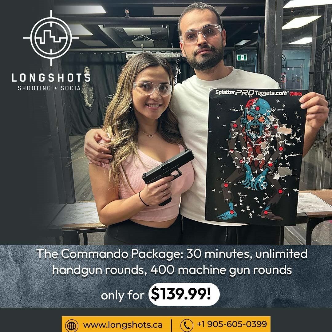 👉🏻Get ready to embrace the thrill with The Commando Package!

💰 For just $139.99, grab a partner and enjoy 30 minutes of nonstop action with unlimited handgun rounds and an impressive 400 machine gun rounds&mdash;perfect for 2 people!

💫This pack