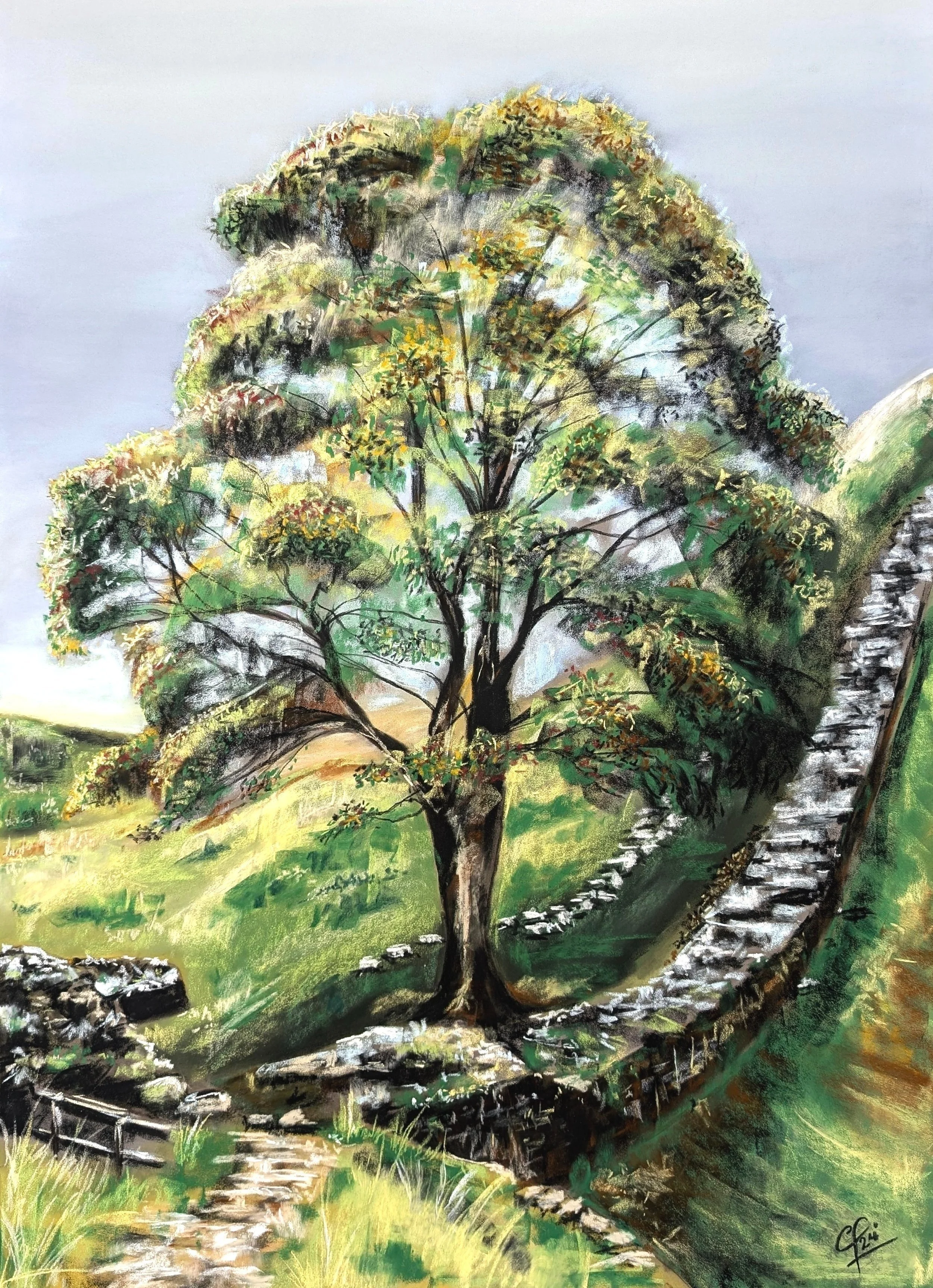 Painting of a large tree on a hillside with a stone stairway winding around it, under a cloudy sky.