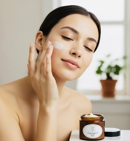 Woman applying moisturizer or cream to her face in a bright room with a potted plant in the background.
