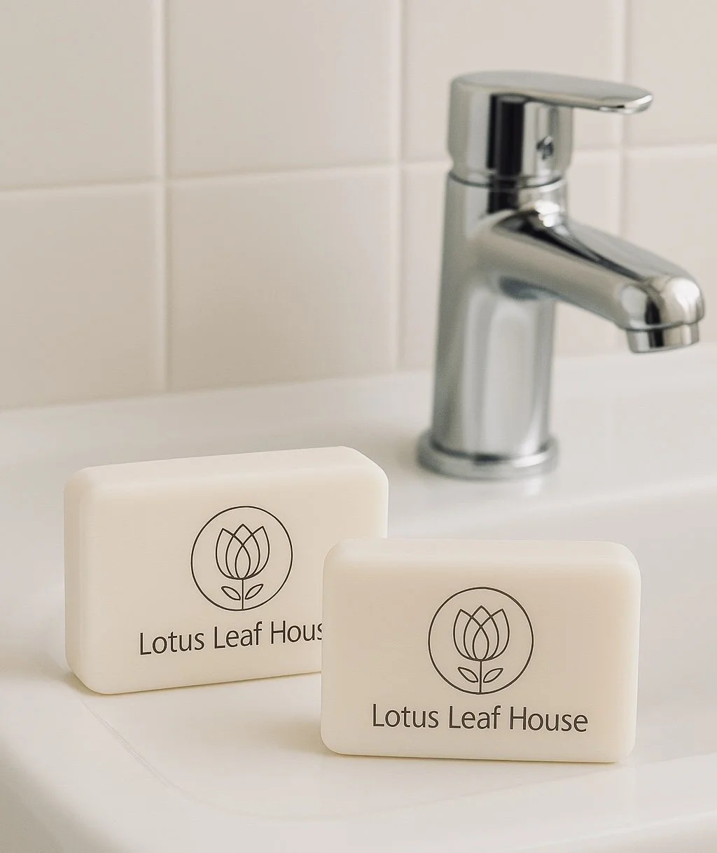 Two bars of soap with Lotus Leaf House logo on a bathroom sink near a chrome faucet.