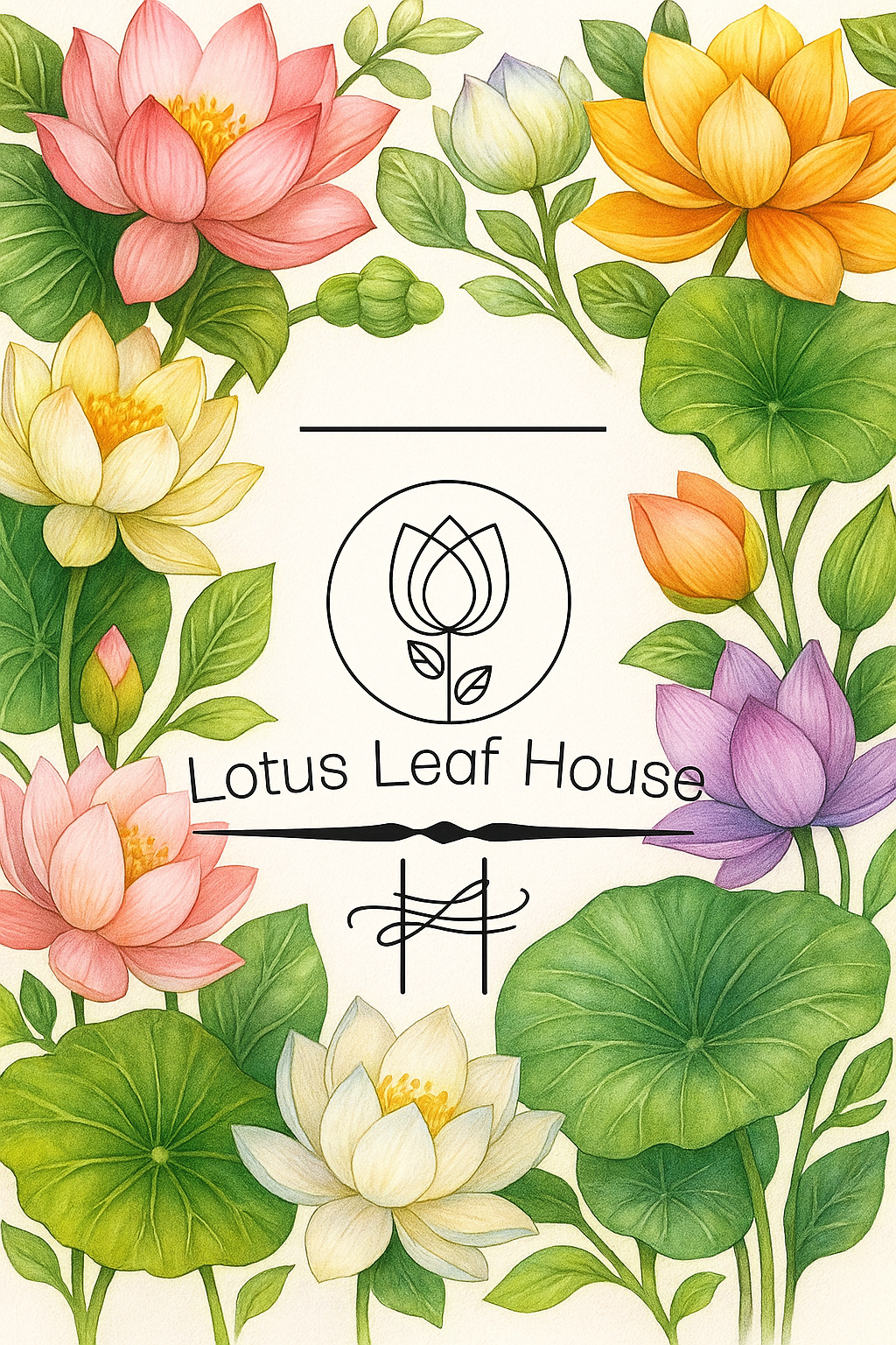 A colorful floral illustration featuring pink, yellow, orange, purple, and white lotus flowers and green leaves surrounding the text 'Lotus Leaf House' with a lotus flower logo in the center.