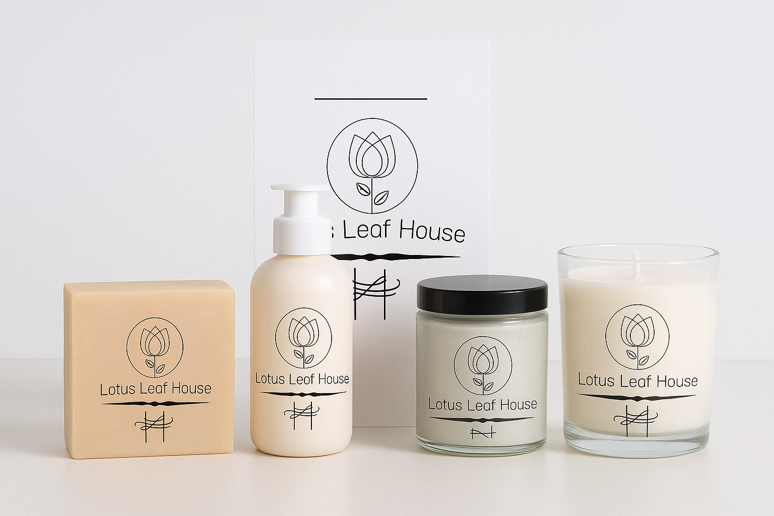 Collection of four Lotus Leaf House personal care products, including a soap, lotion bottle, candle jar, and a candle in a glass holder, all with minimalist labels featuring a lotus flower logo.