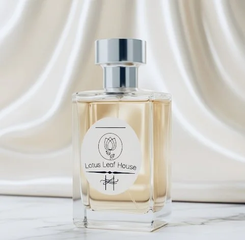 A glass perfume bottle with a silver cap labeled 'Lotus Leaf House' on a white marble surface in front of a satin fabric background.