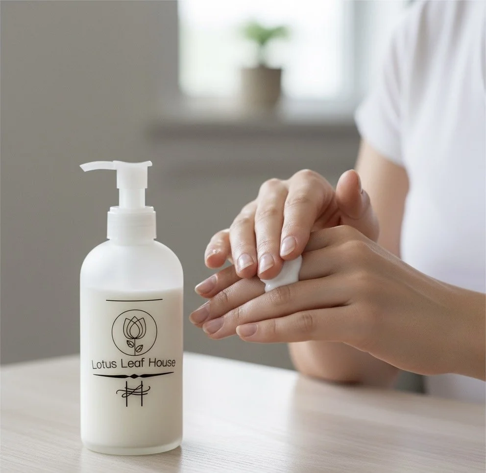 Person dispensing hand sanitizer from a pump bottle labeled 'Lotus Leaf House' onto their hands.