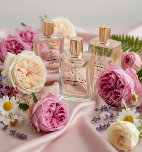 Three perfume bottles with pink, green, and purple floral labels surrounded by pink, white, and purple flowers on a satin fabric.