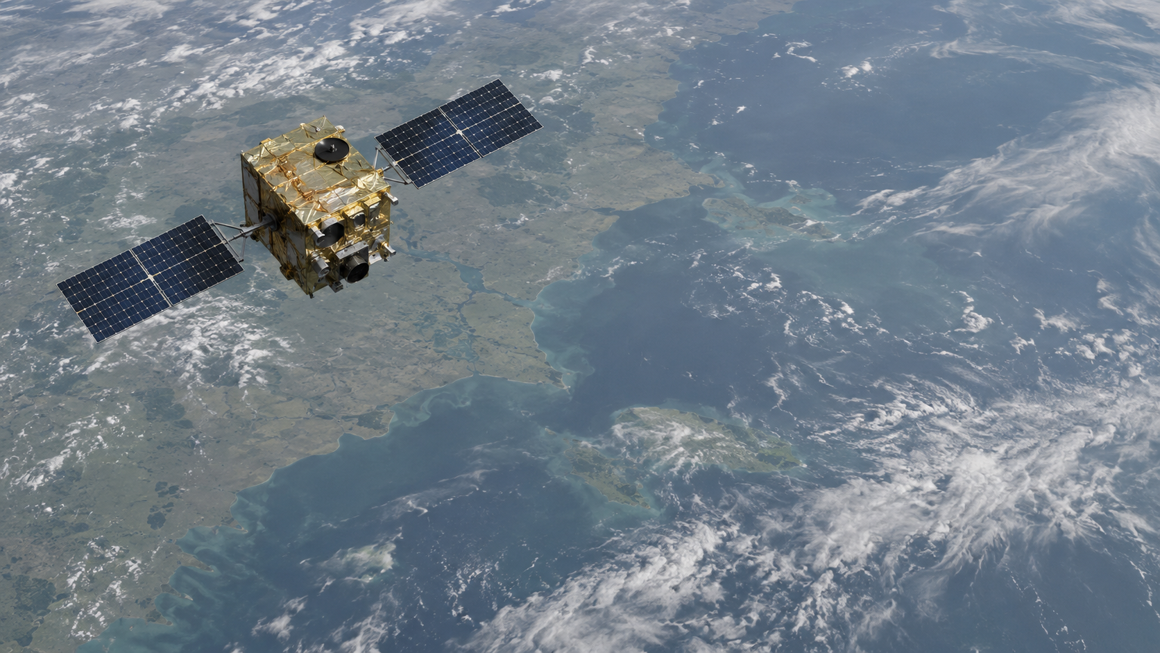 A satellite with solar panels orbiting above Earth's land and water bodies.