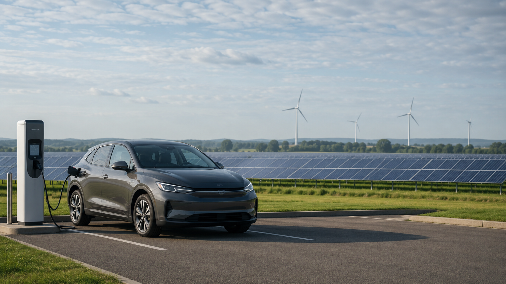 An electric car parked at a charging station in a solar farm with wind turbines in the background on a partly cloudy day.