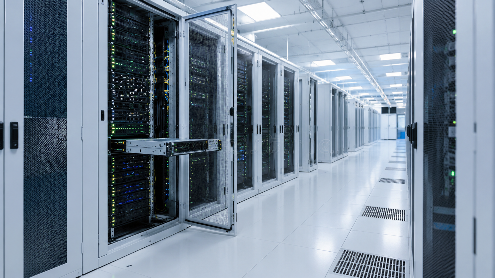 A data center with rows of server racks housing computer servers, illuminated by bright overhead lighting, with a clean white floor and ventilation grates.
